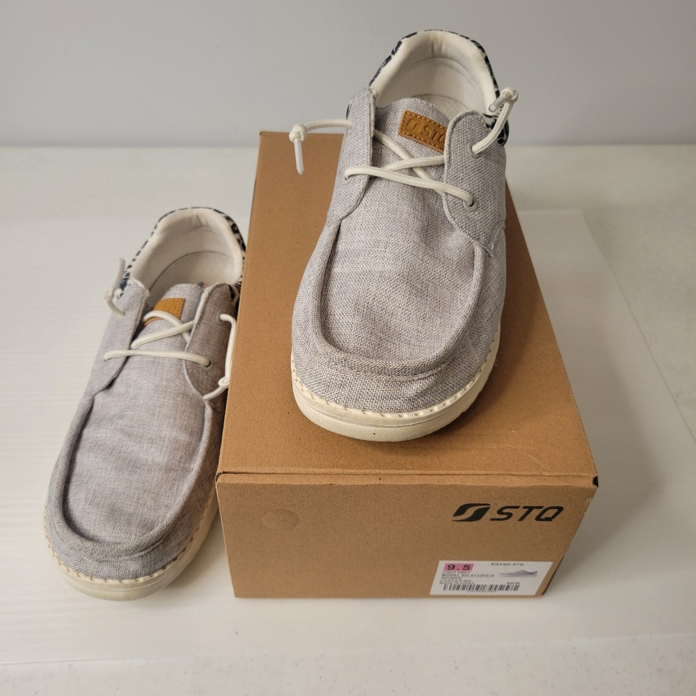 STQ Canvas Loafers Women 9.5 Light Grey ST220519 Leopard Print Arch Support